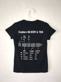 KOPI tshirt; back view; binary code 00000000; base: coffee, milk: condensed, ice: no, strength: standard, sweetness: standard