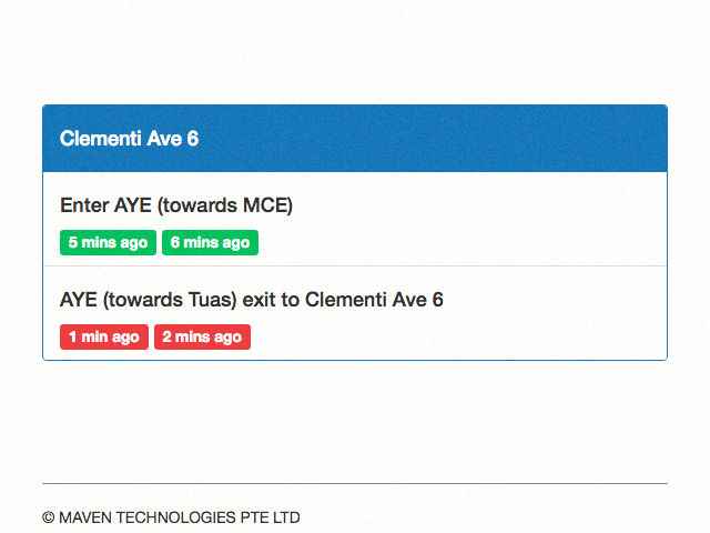Traffico shows heavy traffic along AYE (towards Tuas) exit towards clemeti ave 6