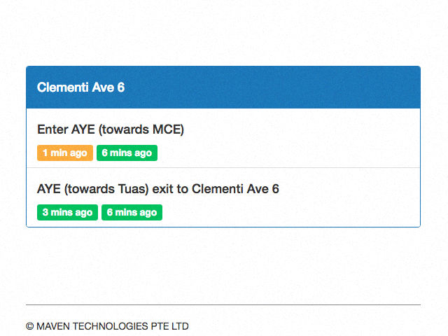 Traffico shows smooth traffic along AYE (towards Tuas) exit towards clemeti ave 6