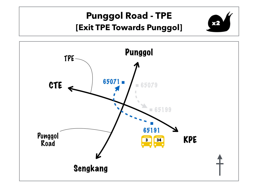 Map of bus route from 65191 to 65071 along Punggol road exit TPE towards Punggol